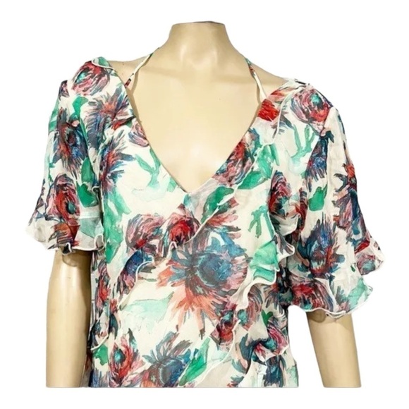 ANTHROPOLOGIE White Soft Floral Short Sleeve Ruffle Tie Back Mini Dress Medium - Picture 13 of 14